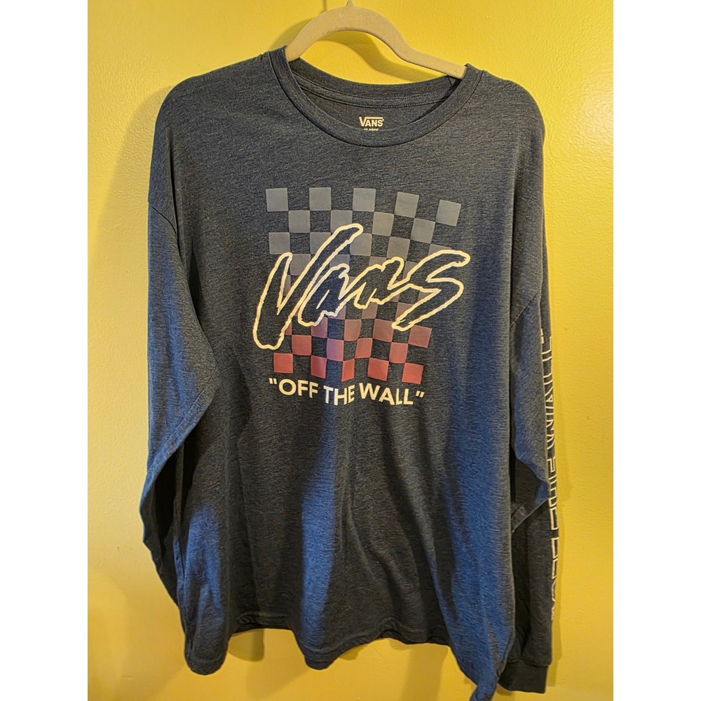 Vans Off The Wall Mens XL Long Sleeve T-Shirt Blue Heather Checkerboard Graphic